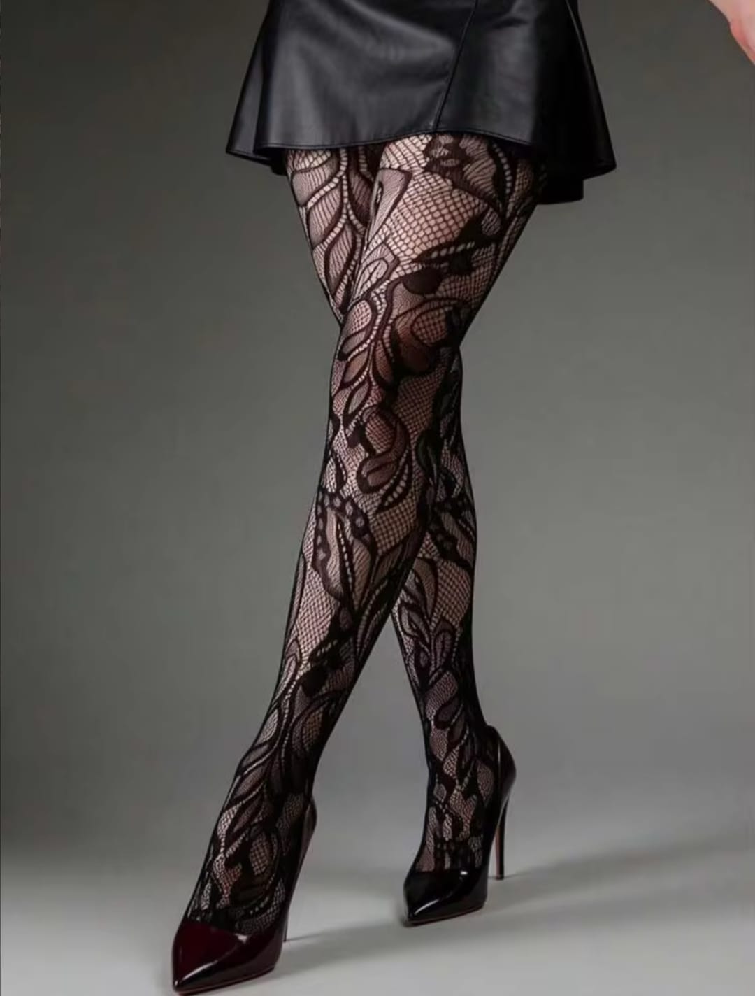 Women’s Black Floral Lace Fishnet Tights – Sheer Patterned Full-Length Fashion Stockings